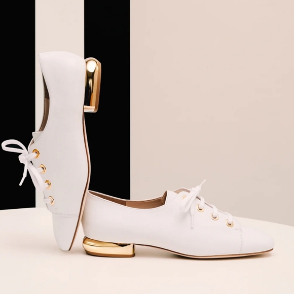 Women's Francois Pinet Paris 8.5 ivory leather loafers with gold-colored ribbons - Picture 1 of 15